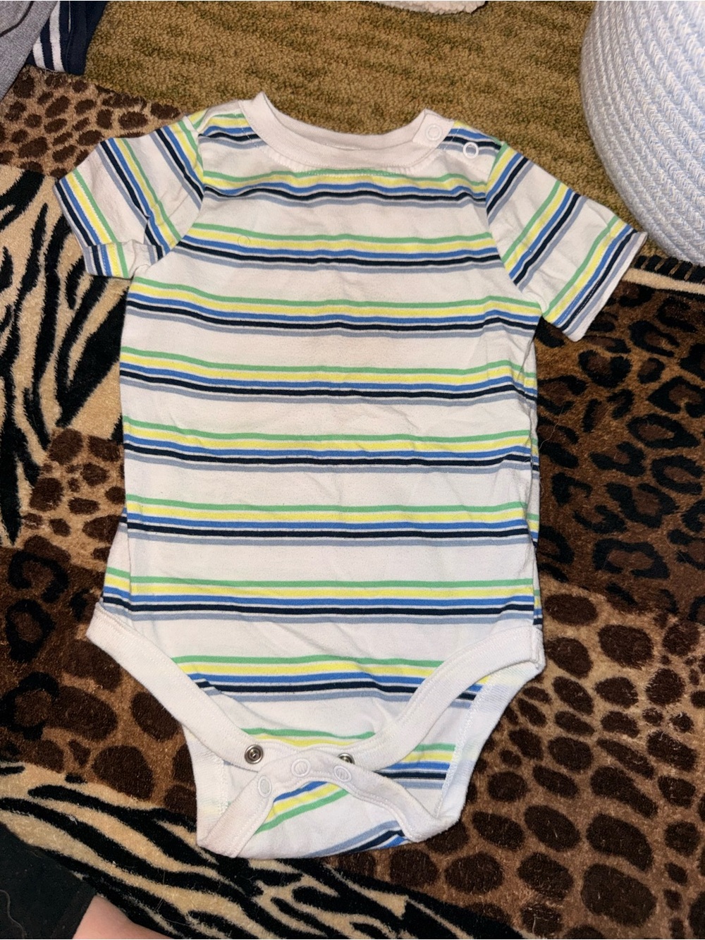 Garanimals White Short-Sleeve Baby One-Piece with Blue & Green Stripes